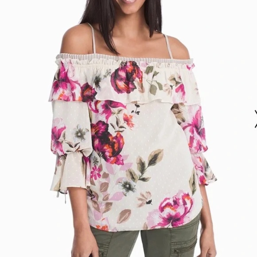 White House Black Market Floral Off-Shoulder Boho Top Coquette Vibes